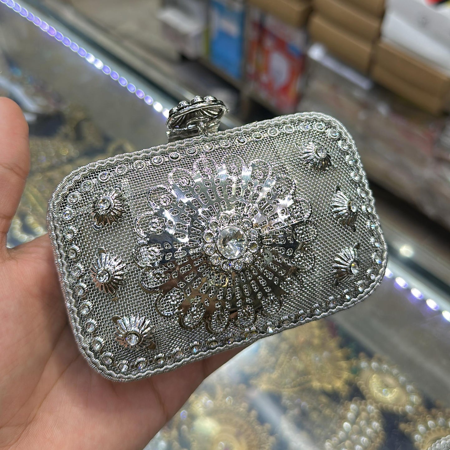 Noor Mini Metal Clutch-Gold Silver