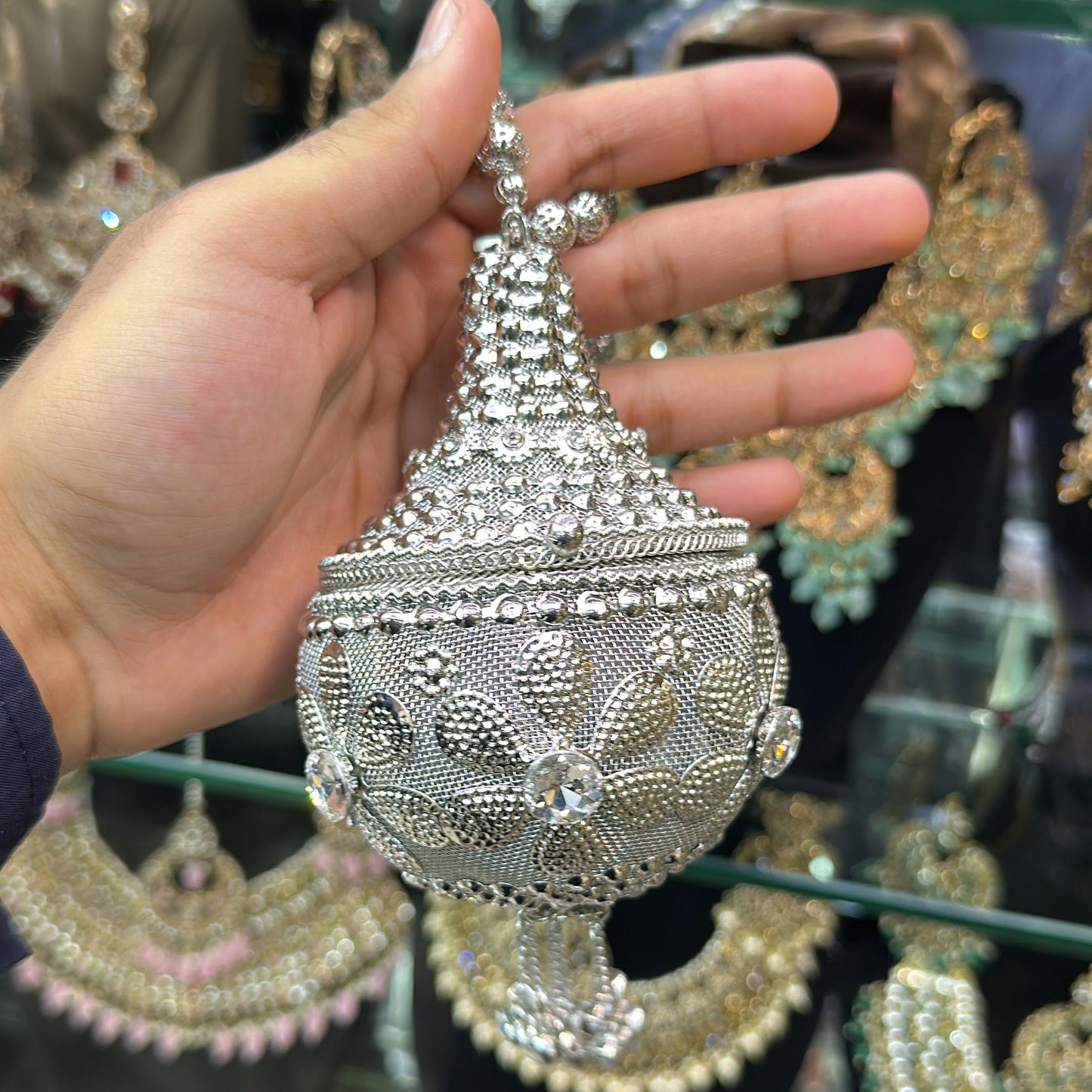 Floral Dome Potli Metal Clutch-Gold Silver